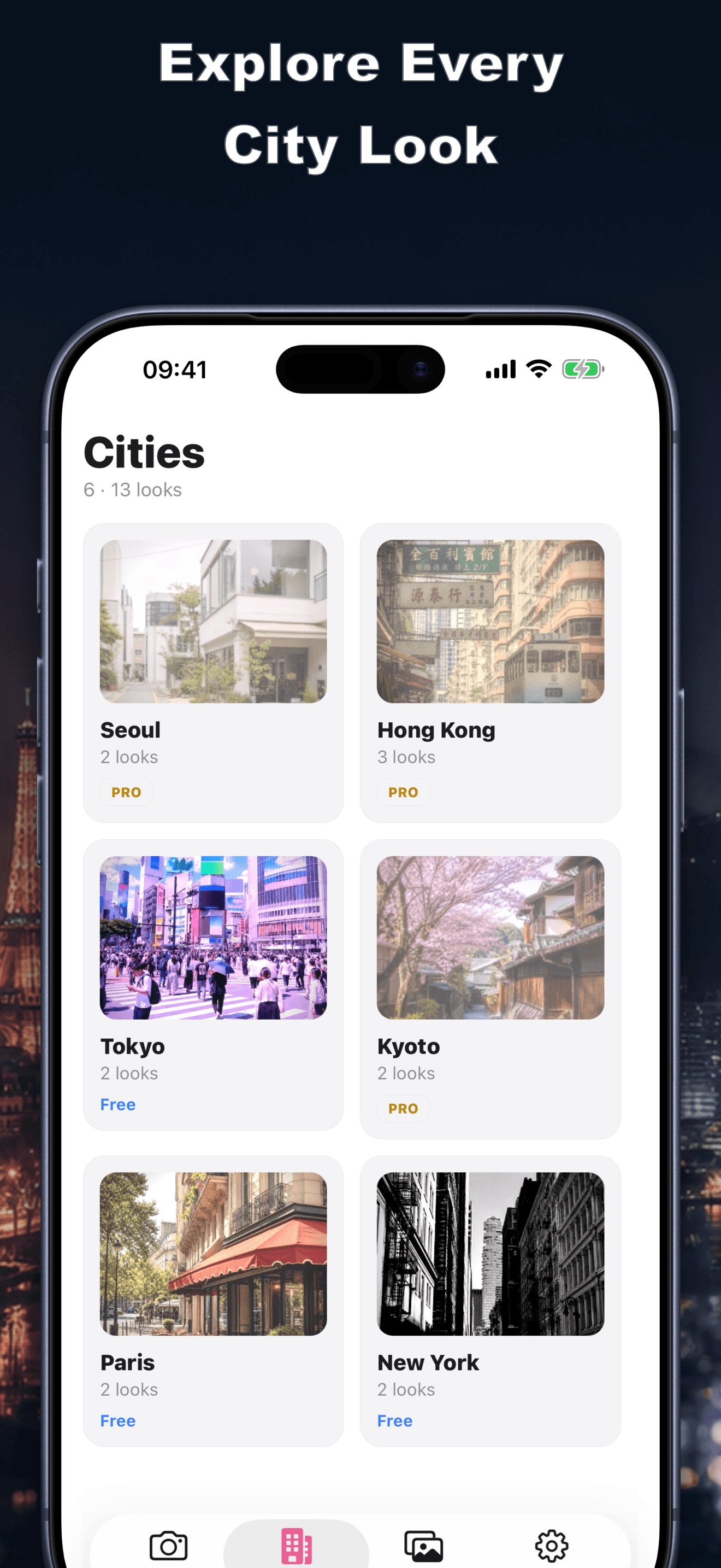 City Camera cities screen with Seoul K-Drama and Kyoto Sakura looks